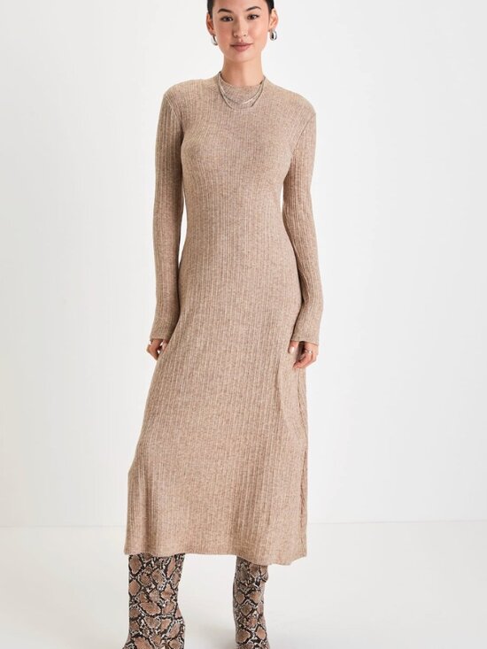 Lulus Dresses & Skirts - Lulus Long Sleeve Ribbed Midi Sweater Dress, Heather Beige, XS